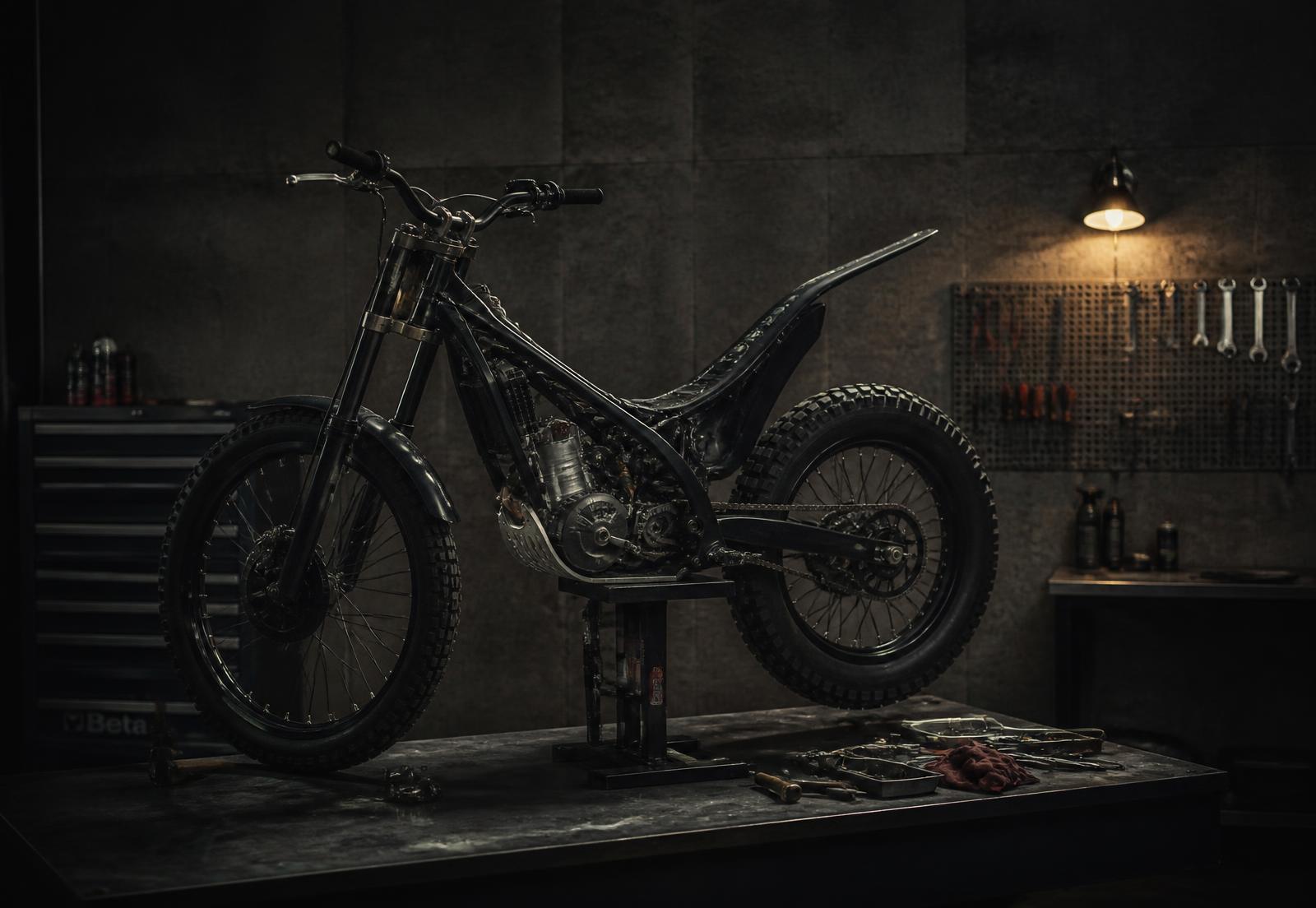 Trials motorcycle on a workshop stand